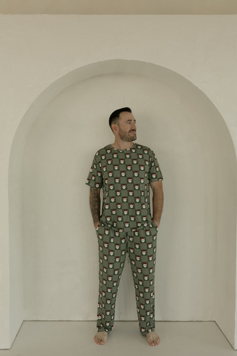 Men's Short Sleeve Bamboo Pajamas - Santa Checkerboard