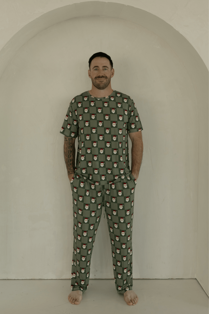 Men's Short Sleeve Bamboo Pajamas - Santa Checkerboard