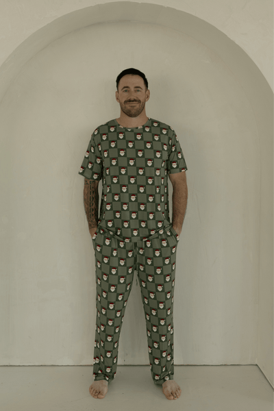 Men's Short Sleeve Bamboo Pajamas - Santa Checkerboard