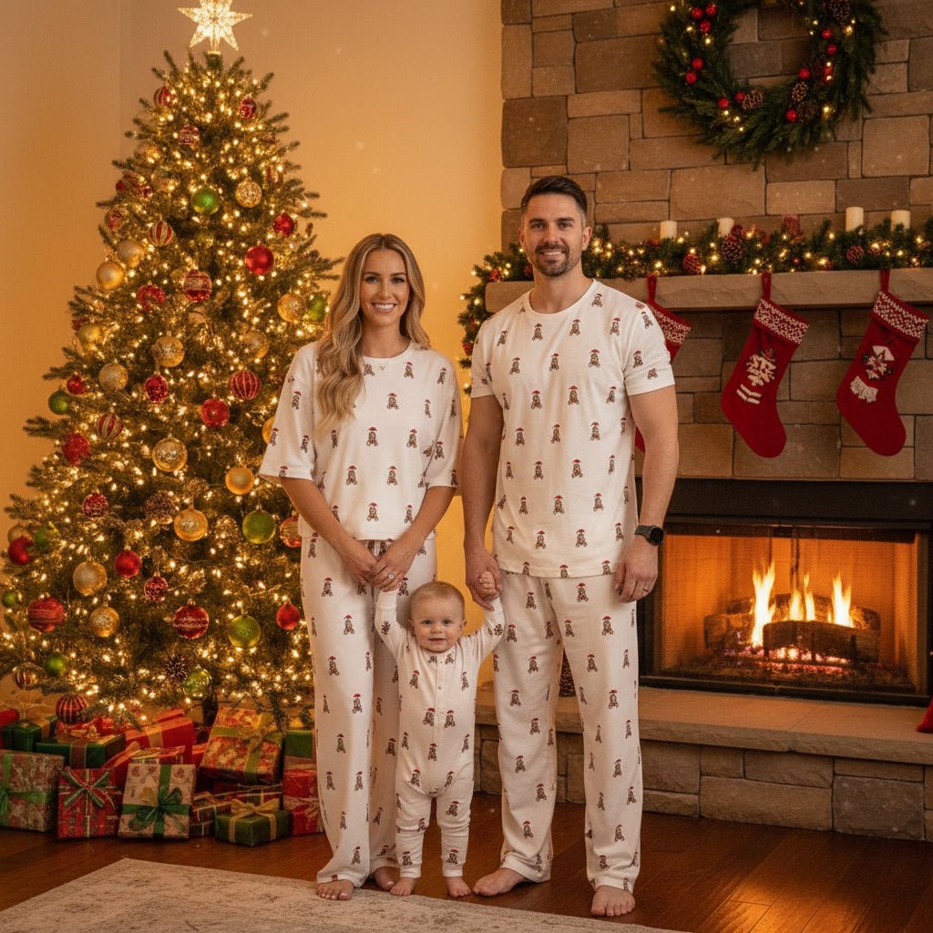 A family of three wearing matching cream-colored short-sleeve pajamas with a brown bear print stands in a sunny outdoor pine field. The adult couple holds hands with a toddler standing on a white blanket on the grass, with evergreen trees and mountains in the background.