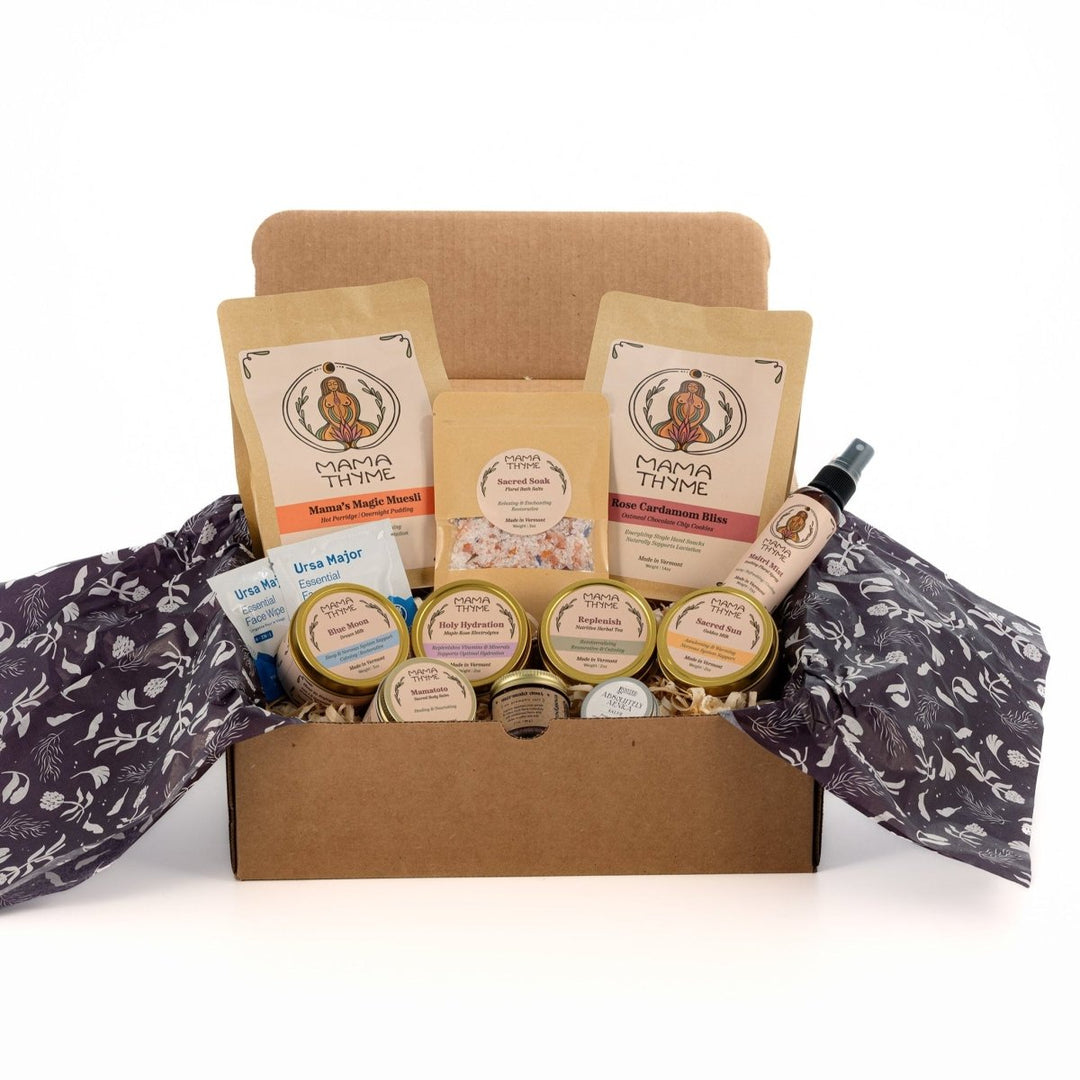 Box of skincare products with branded packaging on a white background