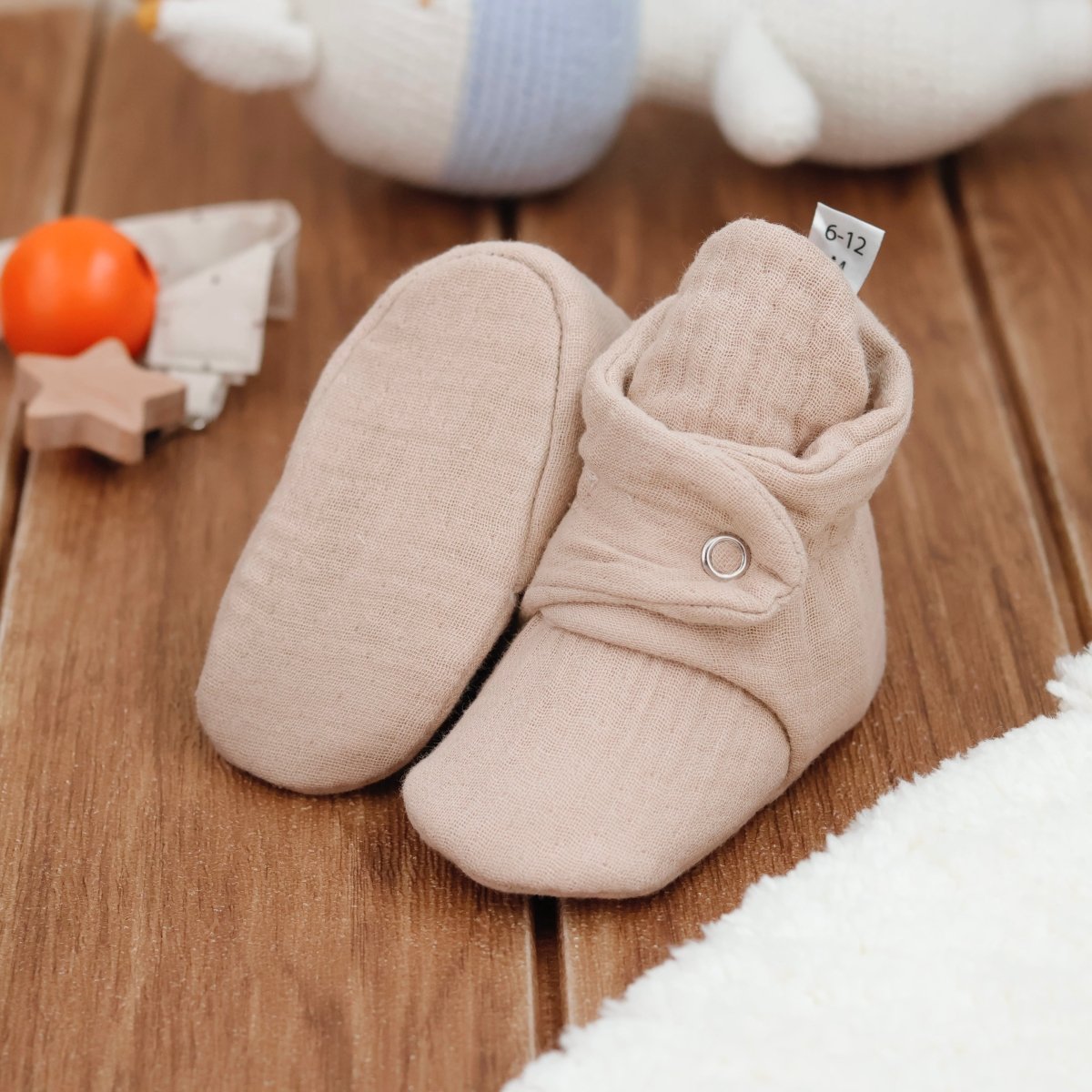 Muslin Stay On Baby Booties Beige