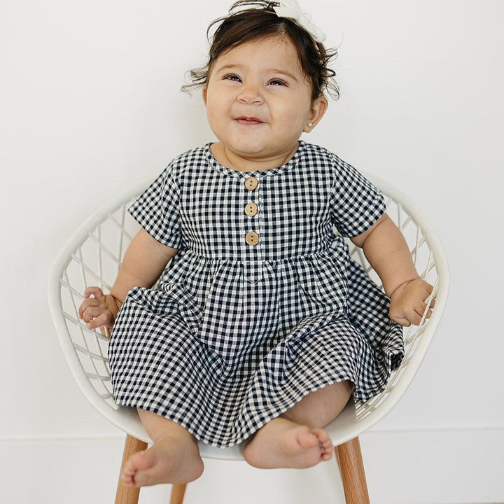Navy Gingham Linen Cotton Dress