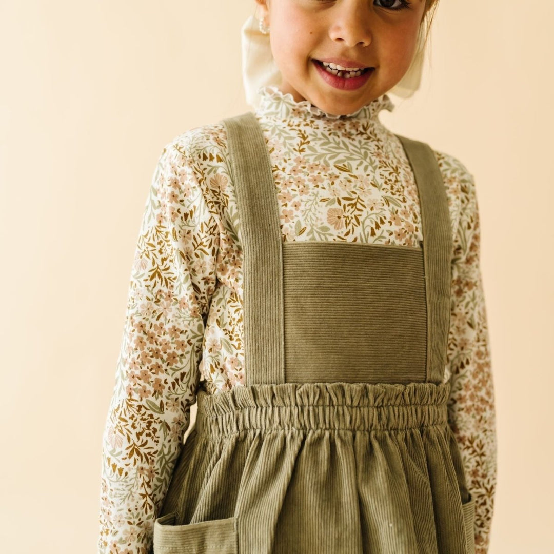Organic Corduroy Pinafore Dress - Olive | Bee Like Kids