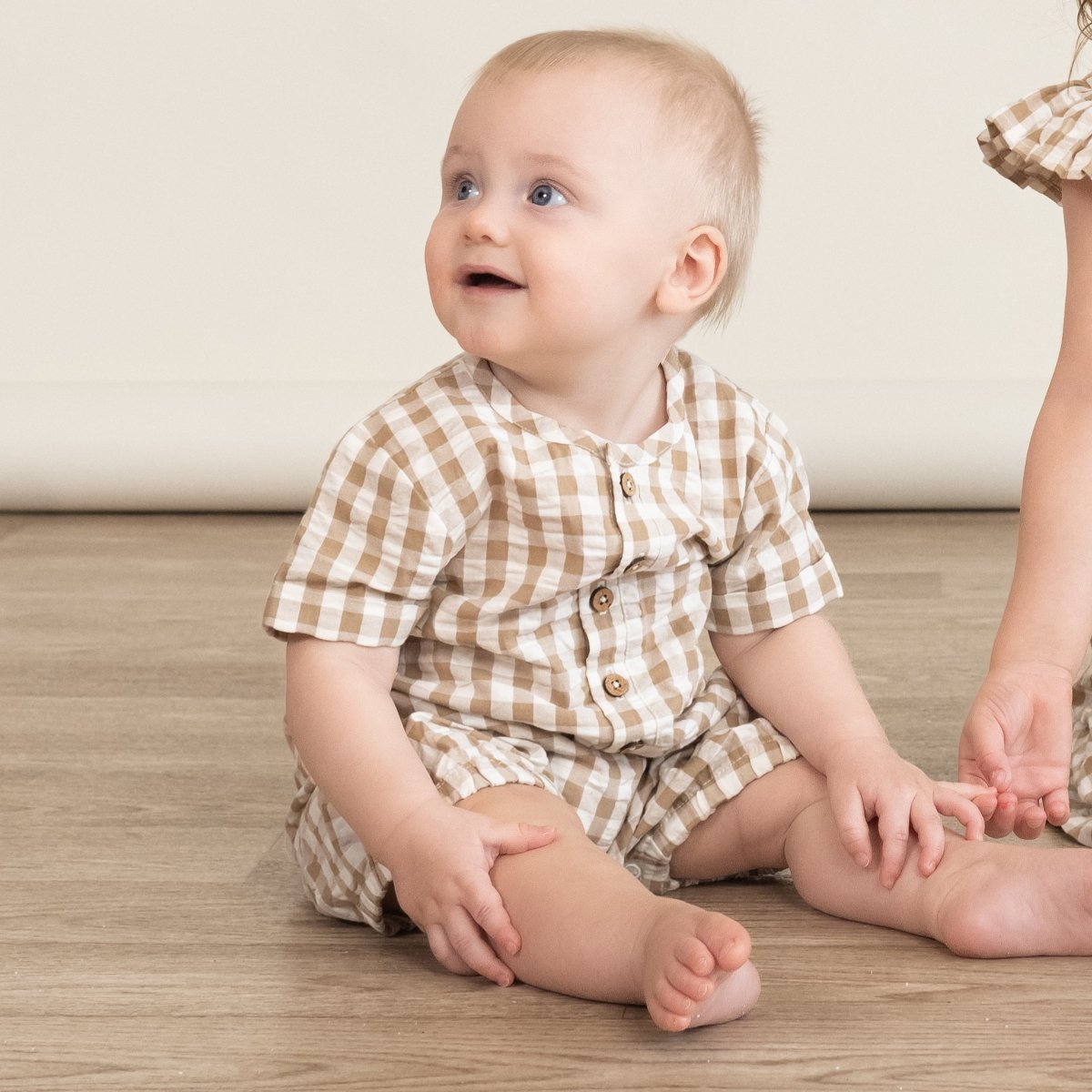 Organic Short Bubble Romper - Brown Checkered