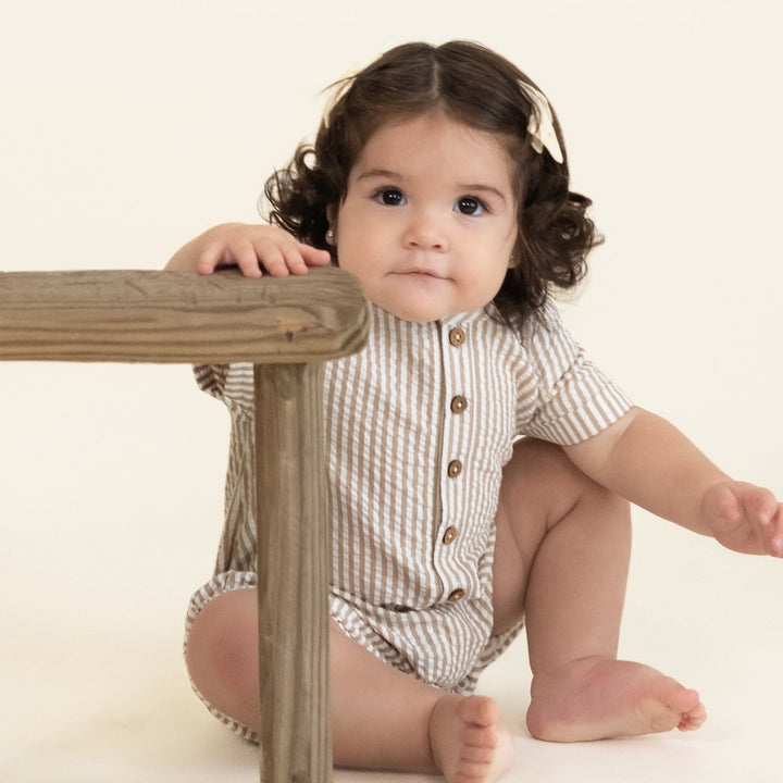 Organic Short Bubble Romper - Brown Stripes