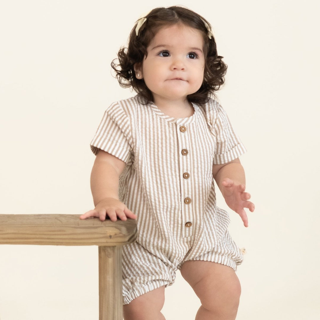 Organic Short Bubble Romper - Brown Stripes