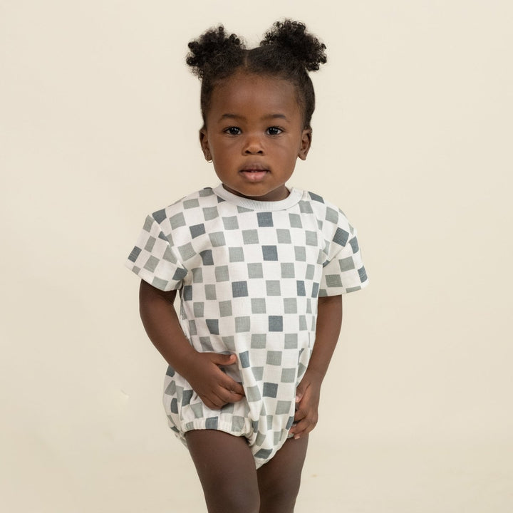 Organic Short Sleeve Bubble Romper - Checkered