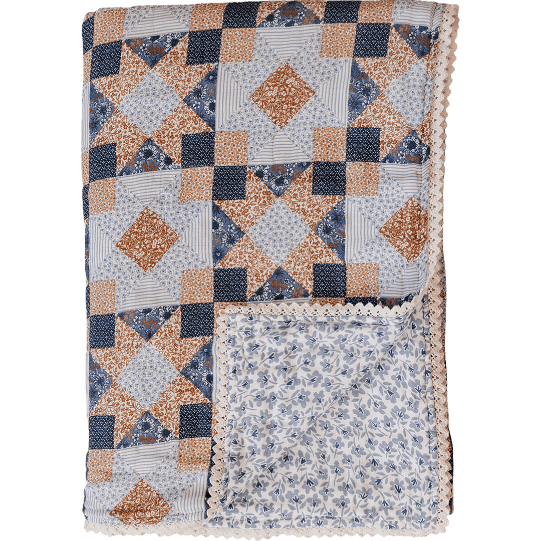 Patchwork Print + Blue Blossom Lace Twin Muslin Quilt