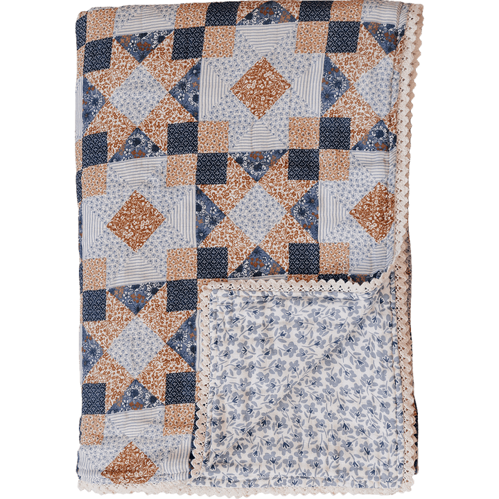 Patchwork Print + Blue Blossom Lace Twin Muslin Quilt
