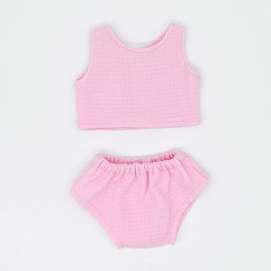 Pink baby doll outfit with tank top and bloomers on a white background