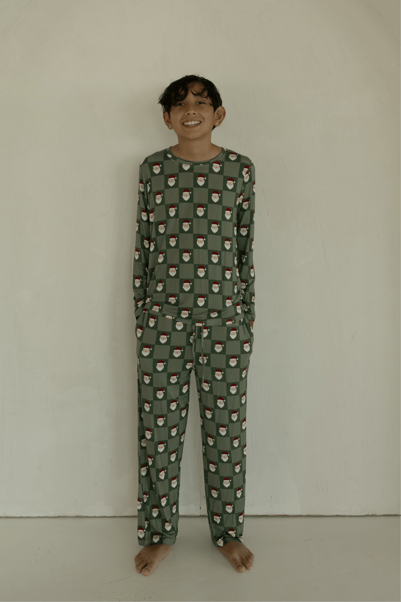 Pre-Teen Straight Leg Bamboo Pajamas - Santa Checkerboard