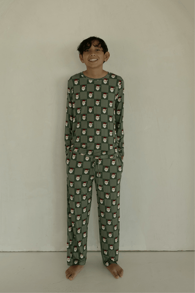 Pre-Teen Straight Leg Bamboo Pajamas - Santa Checkerboard