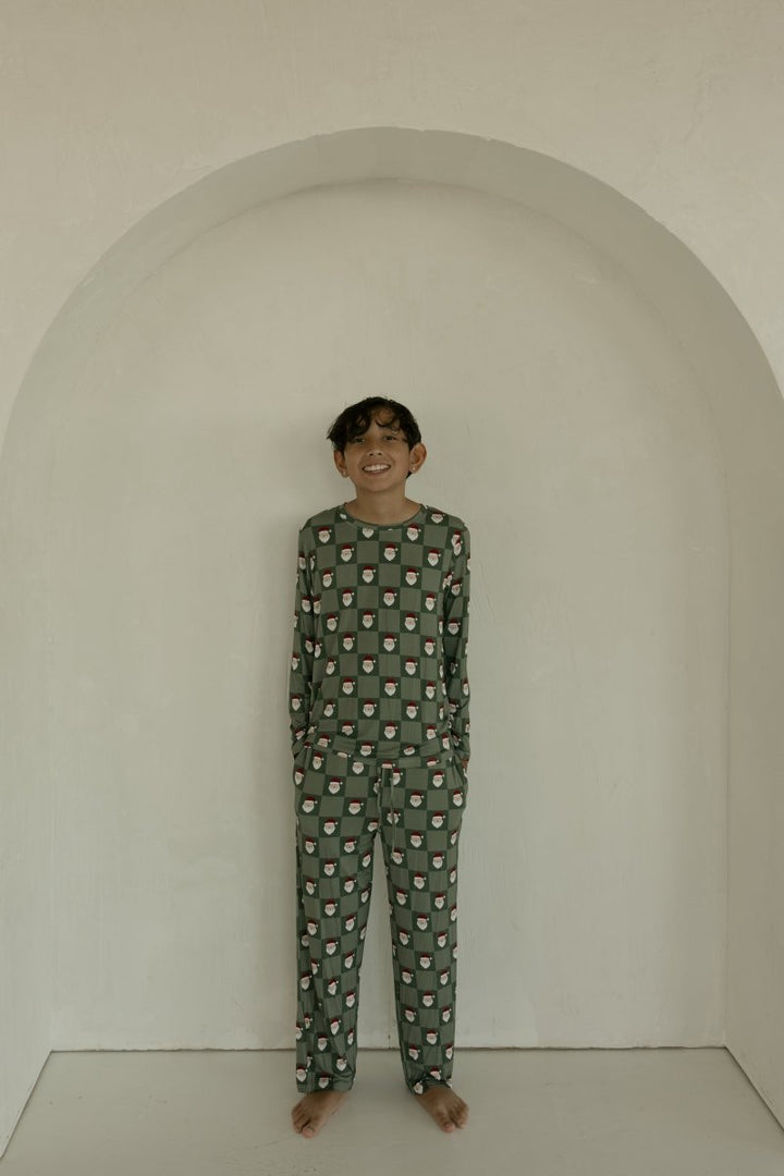 Pre-Teen Straight Leg Bamboo Pajamas - Santa Checkerboard