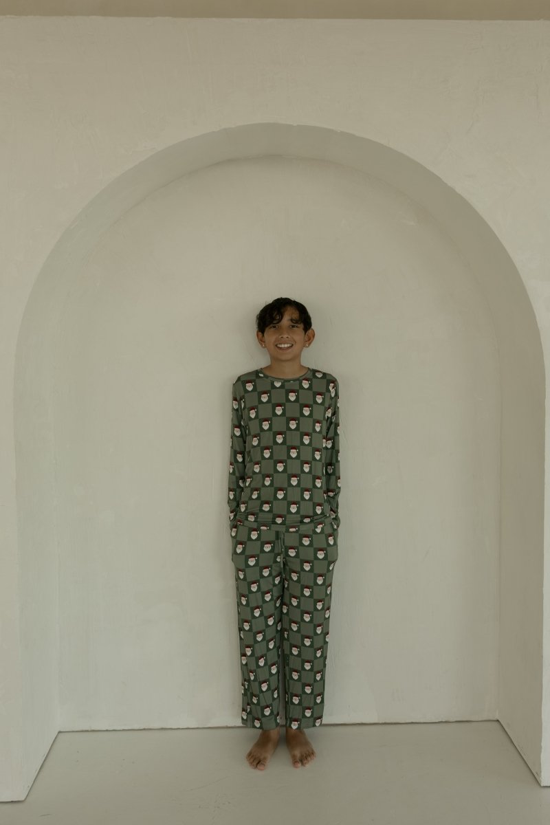 Pre-Teen Straight Leg Bamboo Pajamas - Santa Checkerboard