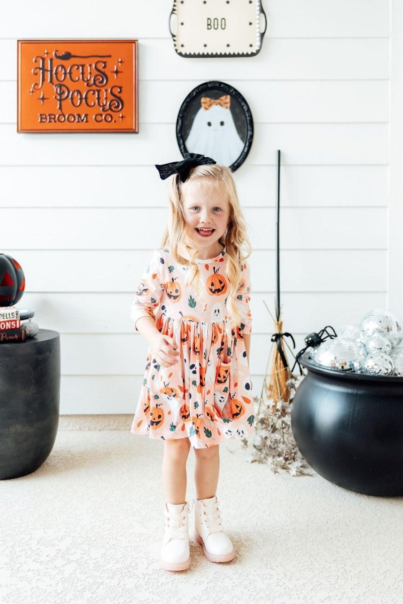 Pumpkin Peekaboo 3/4 Sleeve Pocket Twirl Dress