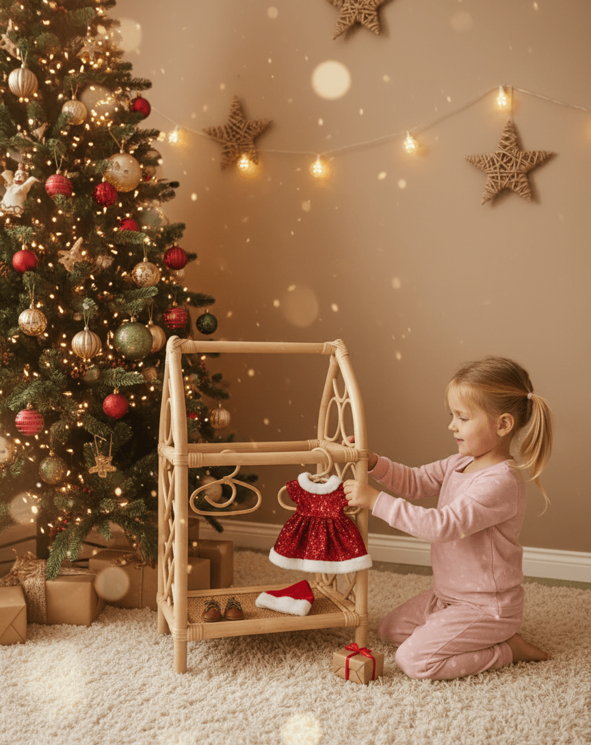 Rattan Doll Clothes Rack with Mini Hangers