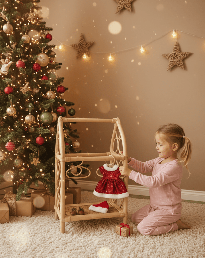 Rattan Doll Clothes Rack with Mini Hangers