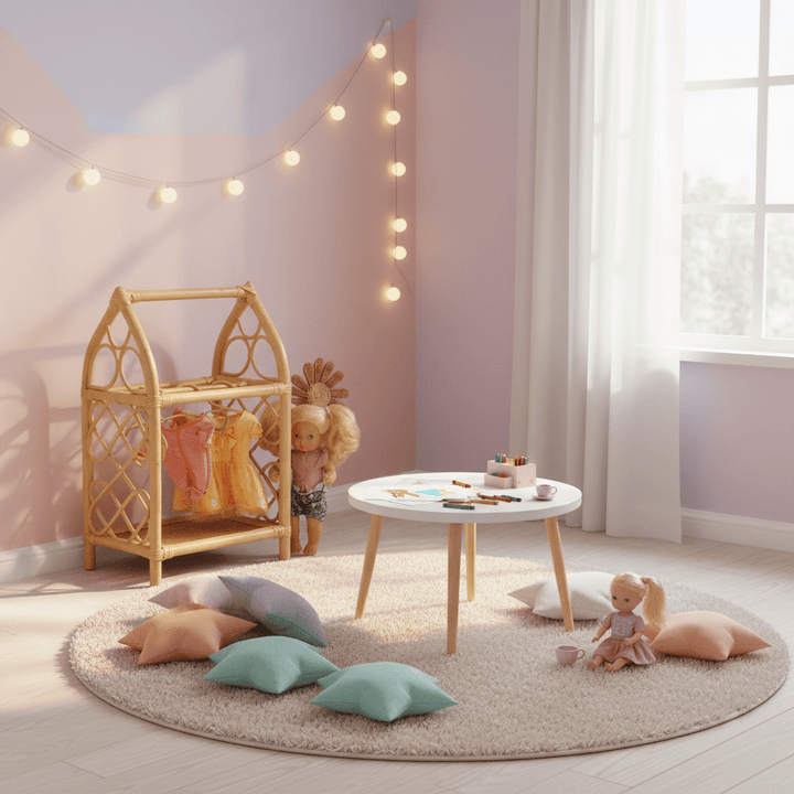 Rattan Doll Clothes Rack with Mini Hangers