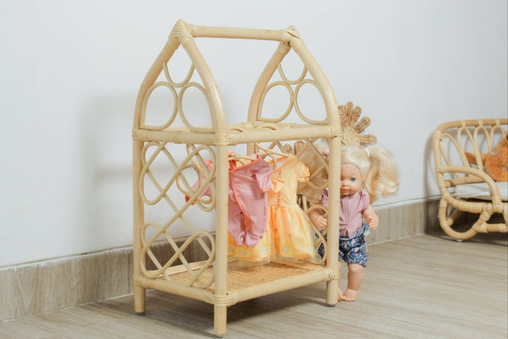 Rattan Doll Clothes Rack with Mini Hangers