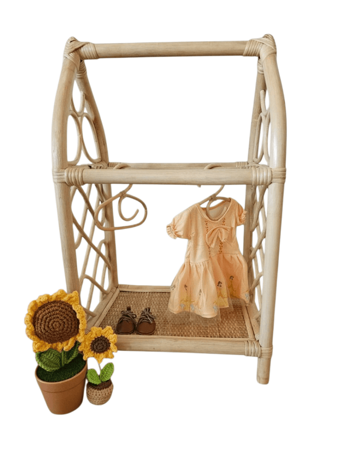 Rattan Doll Clothes Rack with Mini Hangers