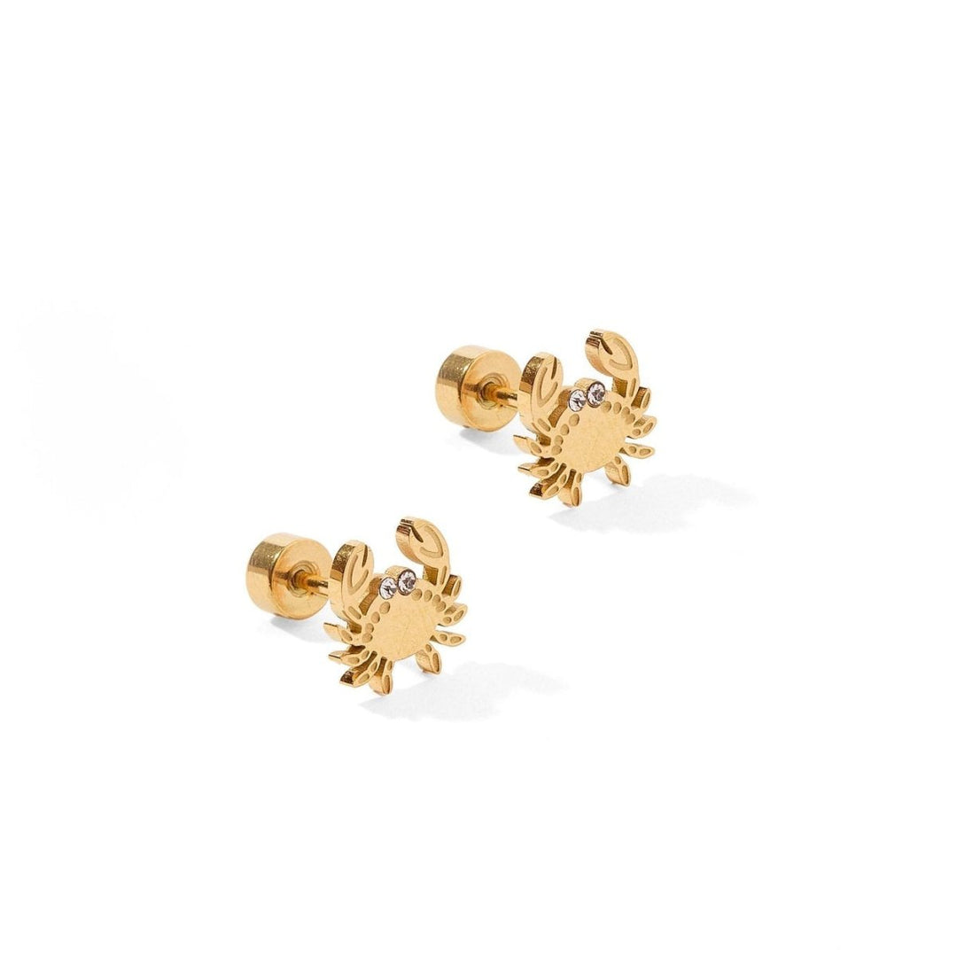 Gold crab-shaped earrings on a white background