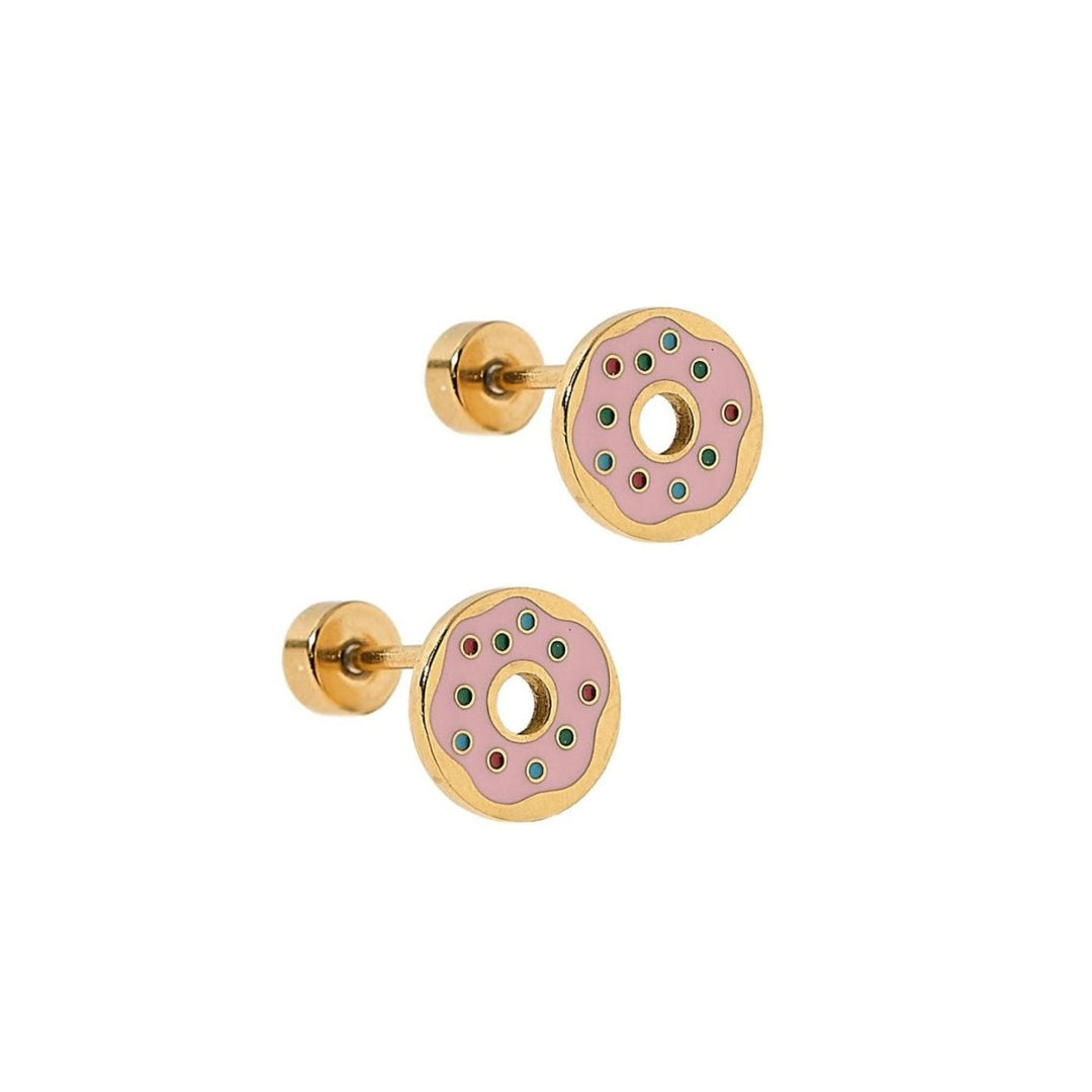 Pair of gold and pink donut-shaped earrings on a white background