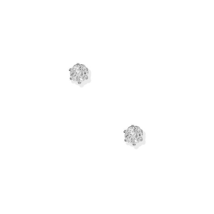 Pair of silver stud earrings on a white background