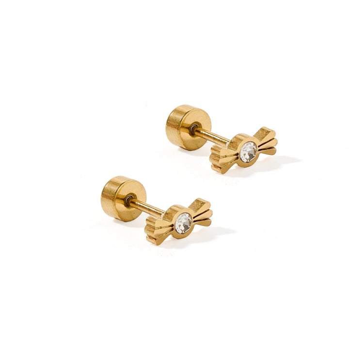 Gold stud earrings with clear gemstones on a white background
