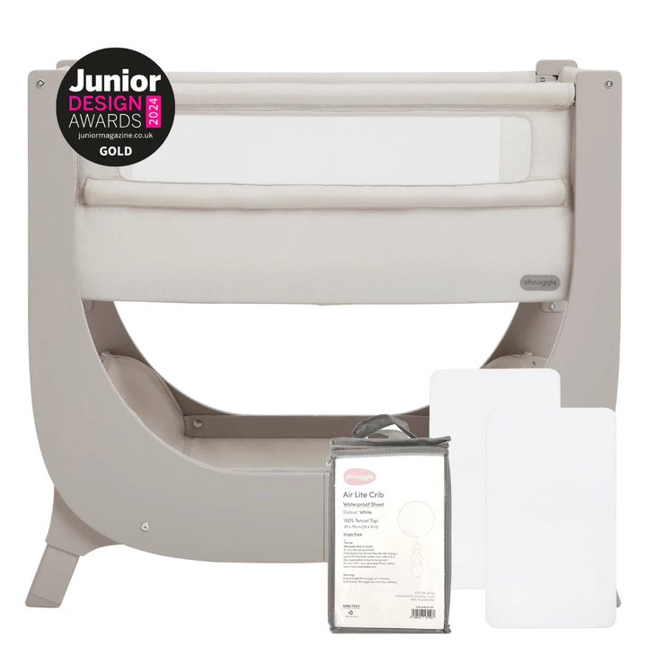 Shnuggle Air Lite Bedside Bassinet | Infant Crib | Height Adjustable Baby Bed with Mattress + 1 Waterproof + 2 White Sheets