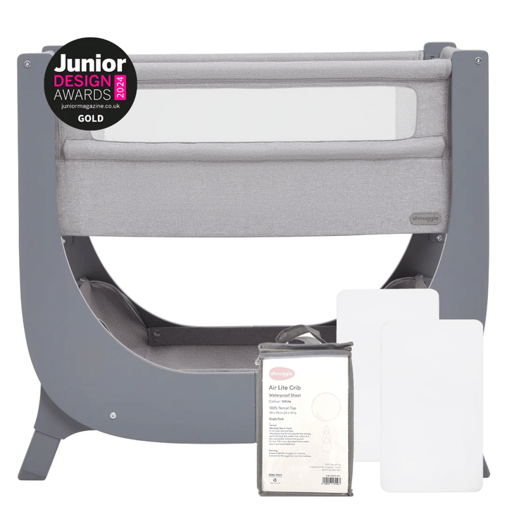 Shnuggle Air Lite Bedside Bassinet | Infant Crib | Height Adjustable Baby Bed with Mattress + 1 Waterproof + 2 White Sheets