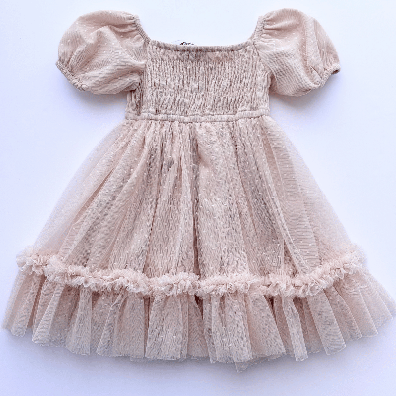 Smocked Dots Tulle Dress - Champagne