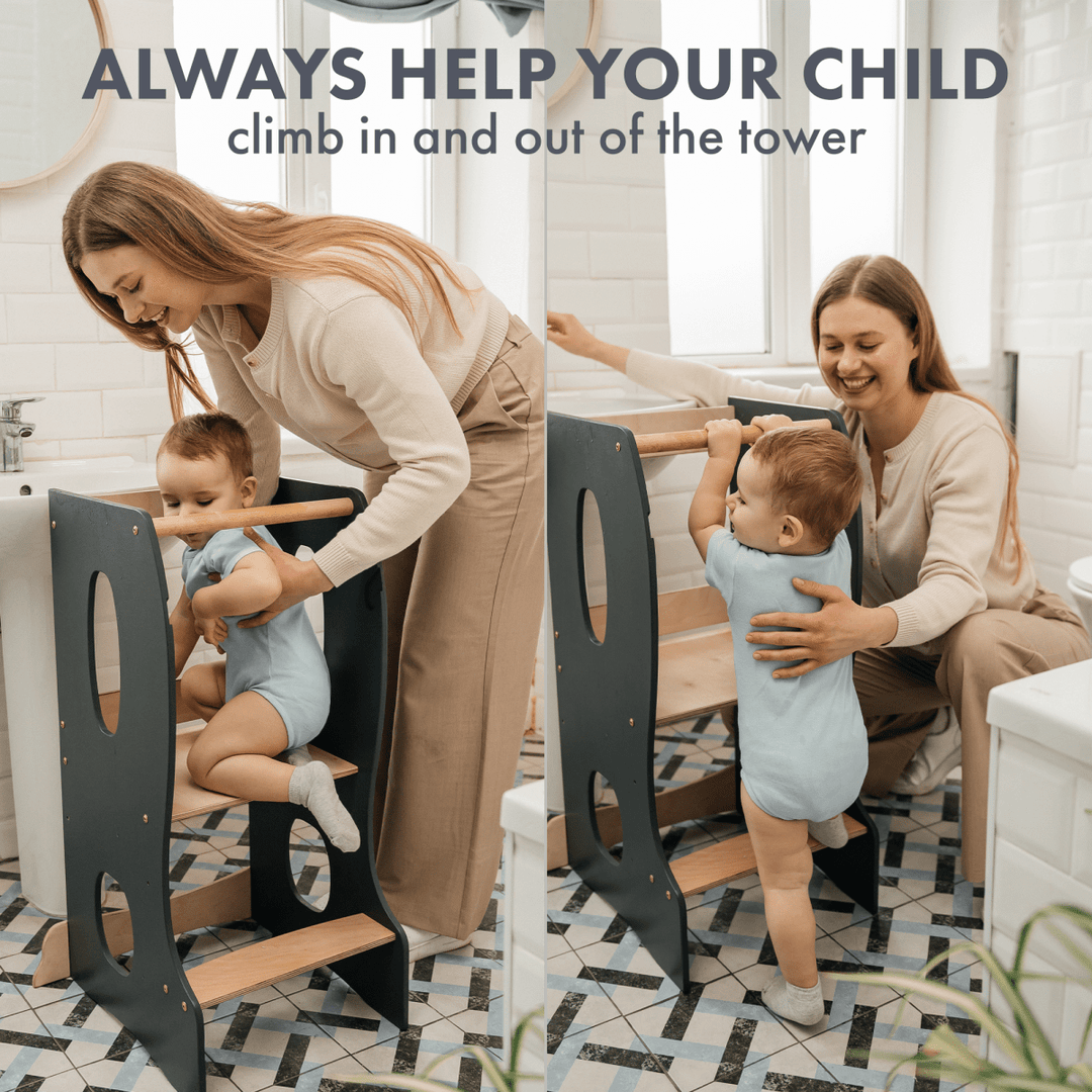 Stable Montessori Learning Tower: Wooden Growing Chair - Grey