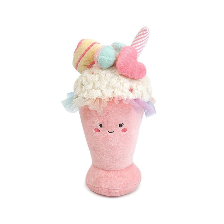 Plush toy resembling a pink ice cream cone with colorful toppings on a white background