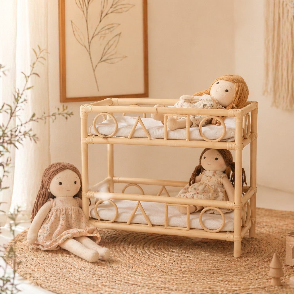 Rattan crib with dolls in a cozy room setting