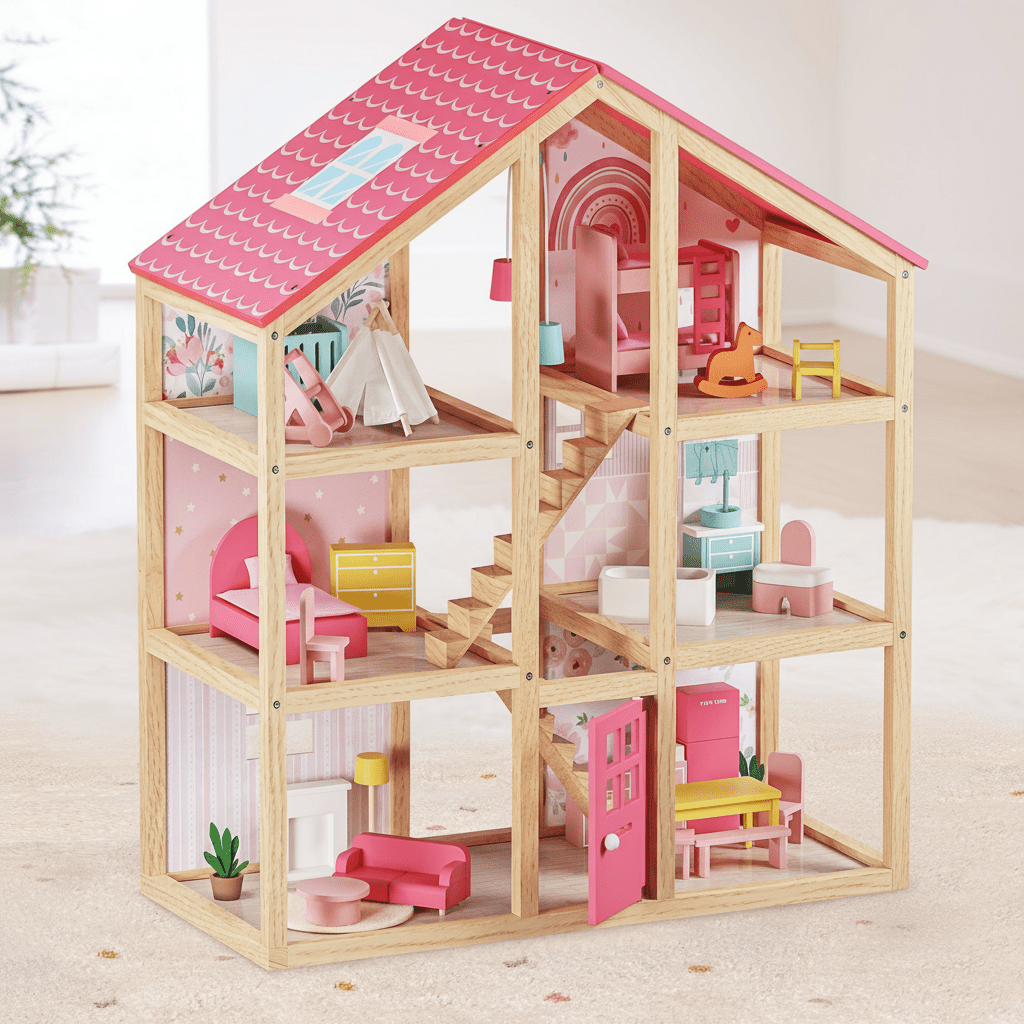 Wooden dollhouse with pink roof and colorful furniture on a light surface.