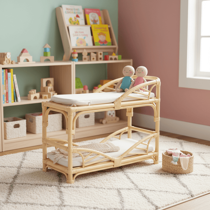 Bamboo bunk bed with white mattress on a white background
