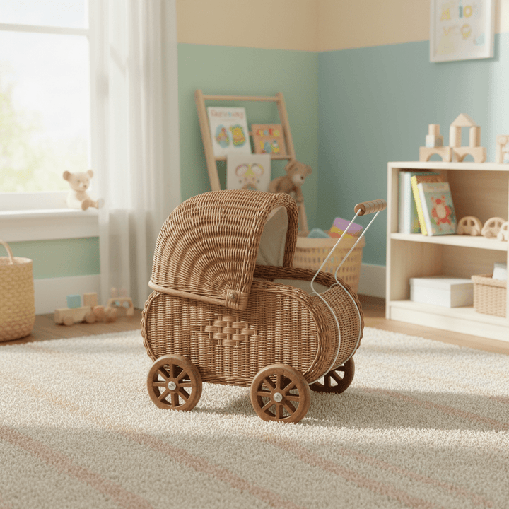 A woven rattan baby stroller toy in a warm natural brown color, styled in a soft, pastel-colored children&