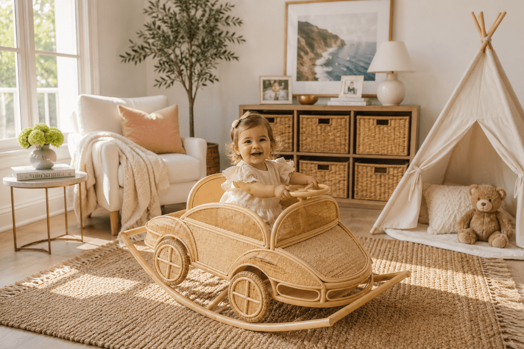 Vintage Inspired Rattan Rocking Car for Toddlers
