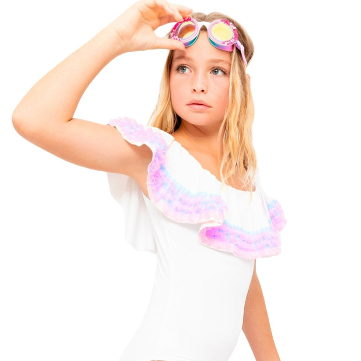 White Ruffle Swimsuit with Anemone