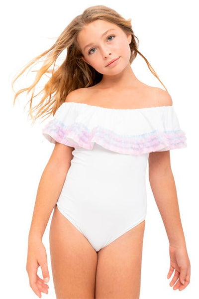 White Ruffle Swimsuit with Anemone