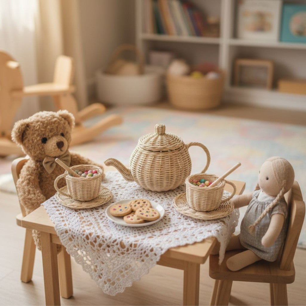 Children's playroom with teddy bear, doll, and tea set on a small table.