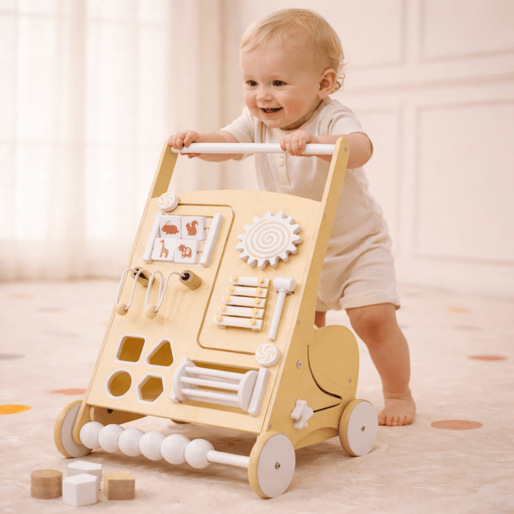 Wooden Baby Activity Walker with Sensory Play - Natural