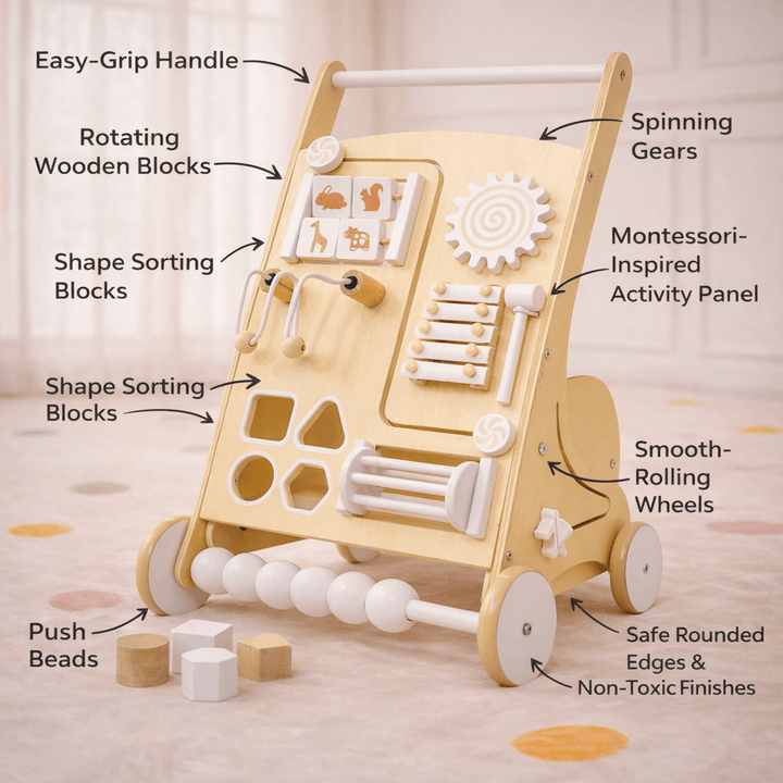 Wooden Baby Activity Walker with Sensory Play - Pastel Edition