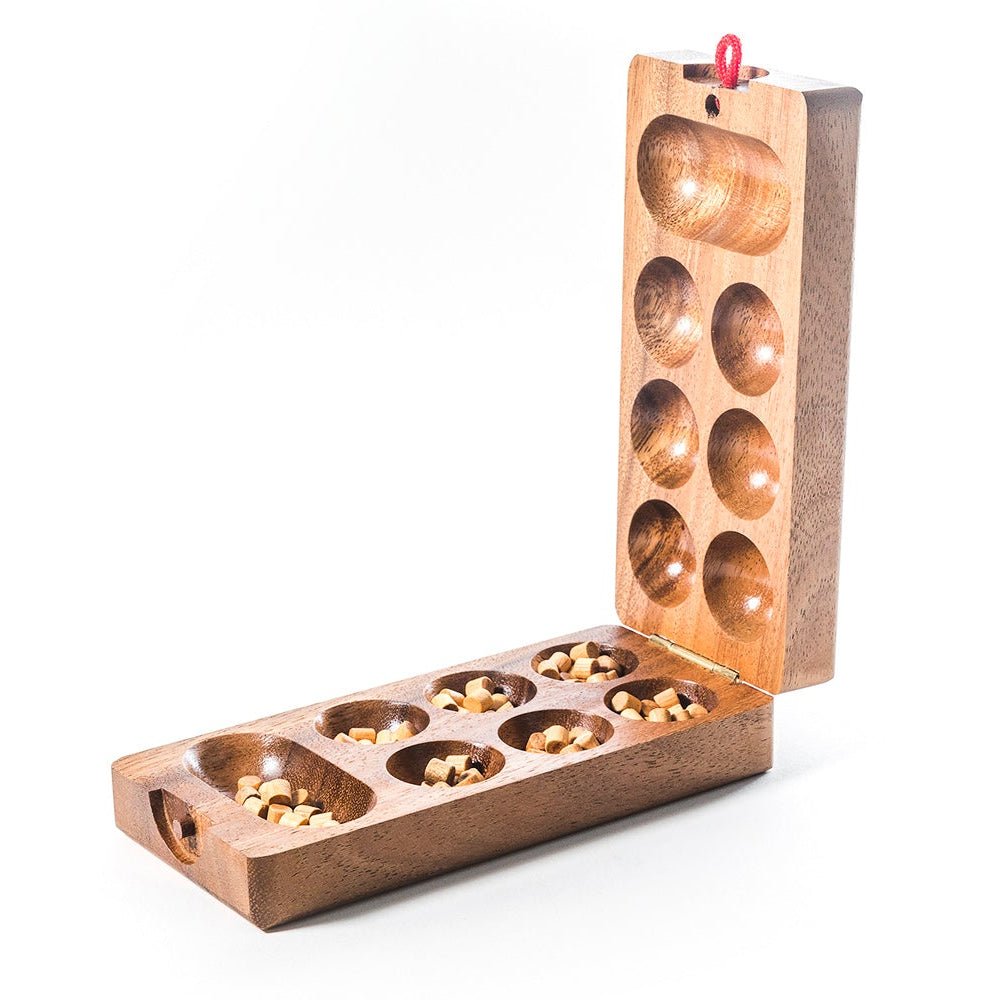 Wooden puzzle box with compartments on a white background