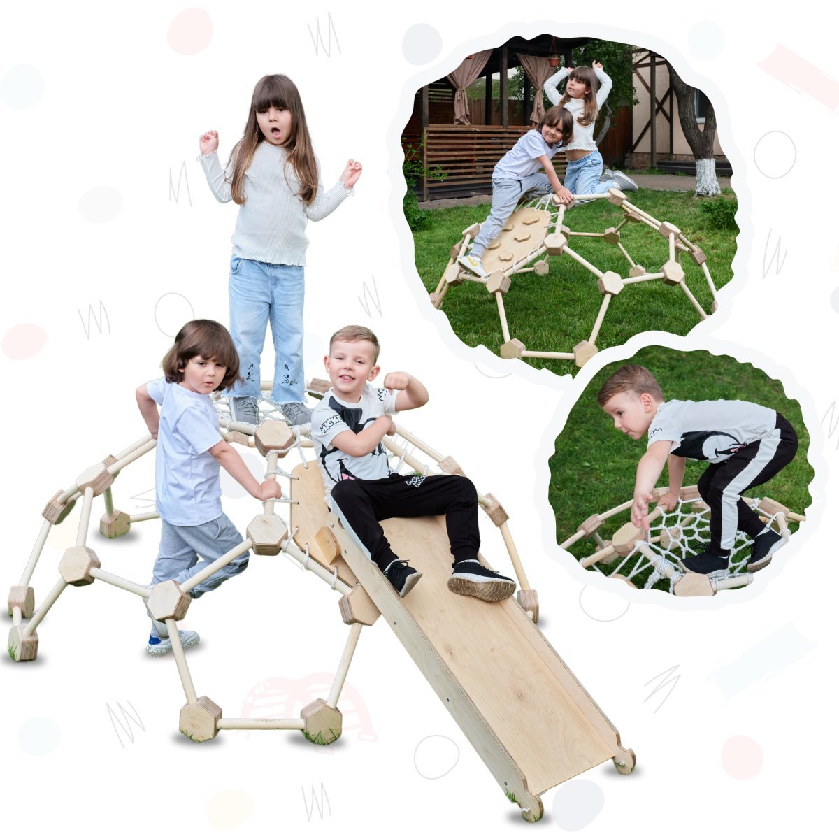 2in1 Climbing Set: Wooden Climbing Geodome with Slide Board