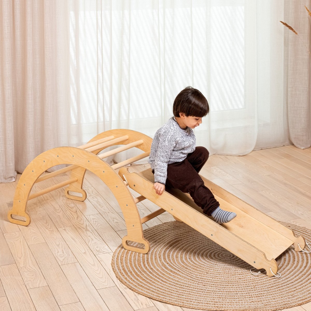 2in1 Montessori Climbing Frame Set: Arch/Rocker Balance + Slide Board/Ramp - Beige