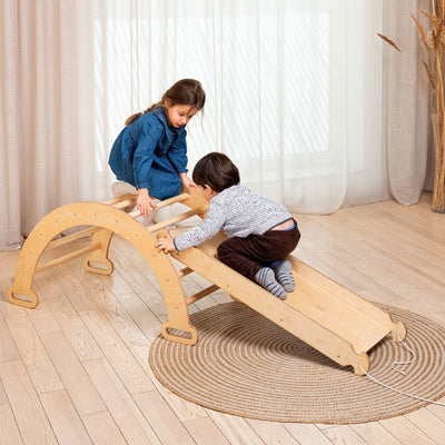 2in1 Montessori Climbing Frame Set: Arch/Rocker Balance + Slide Board/Ramp - Beige
