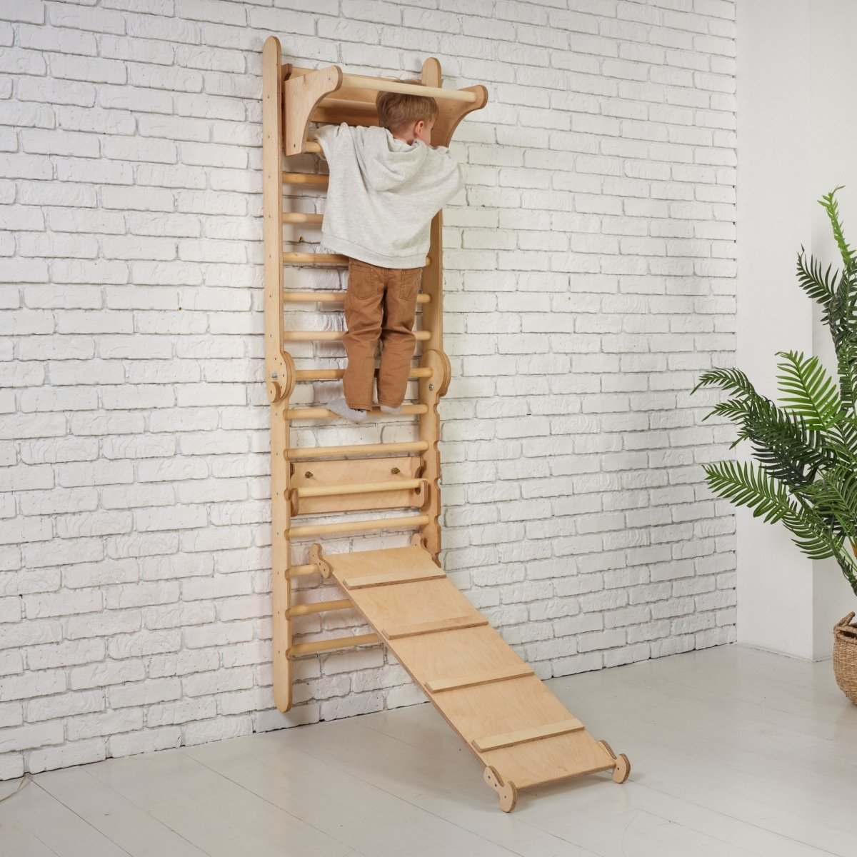 3in1: Wooden Swedish Wall / Climbing ladder + Swing Set + Slide Board