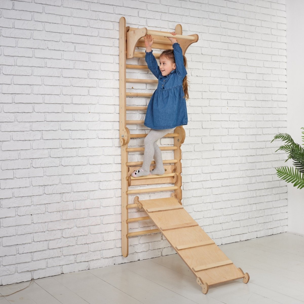 3in1: Wooden Swedish Wall / Climbing ladder + Swing Set + Slide Board